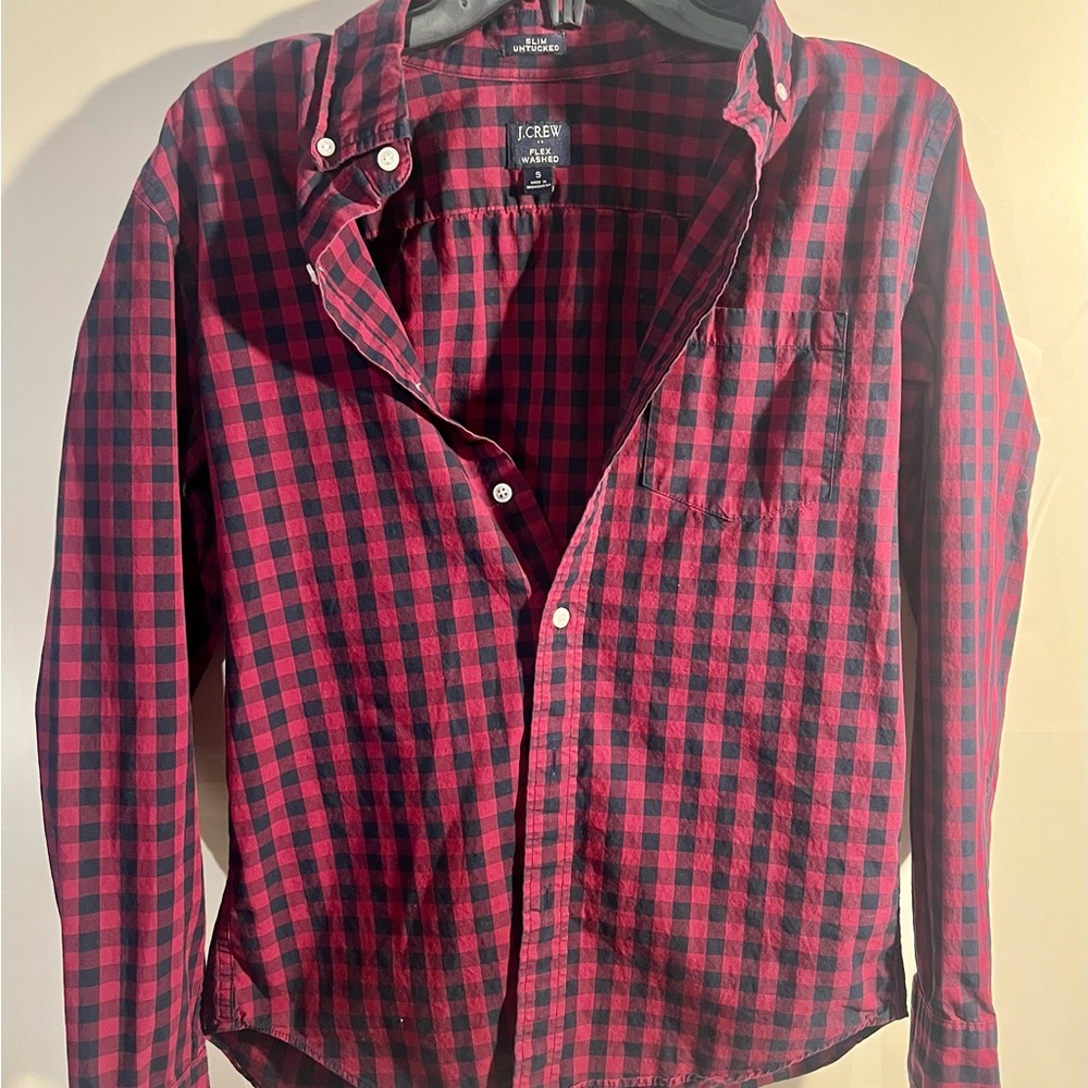 J. Crew Men's Burgundy and Navy Plaid Shirt